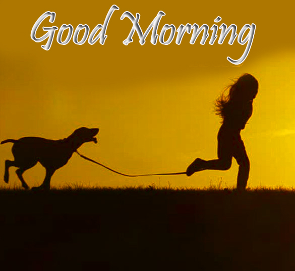 Joyful Girl and Dog Good Morning Image